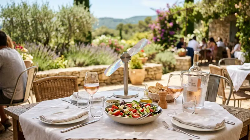 Table de terrasse française d'été dressée pour le déjeuner avec un petit ventilateur de table à pales holographiques posé au centre, ambiance conviviale ensoleillée