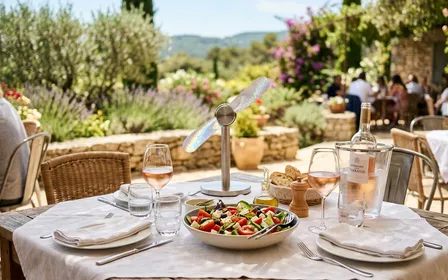 Table de terrasse française d'été dressée pour le déjeuner avec un petit ventilateur de table à pales holographiques posé au centre, ambiance conviviale ensoleillée