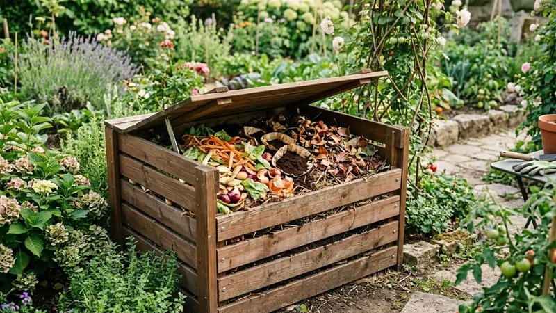Composteur en bois dans un jardin français avec quelques déchets verts (épluchures de légumes, marc de café, feuilles mortes), ambiance jardinage domestique paisible