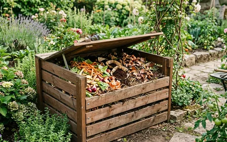 Composteur en bois dans un jardin français avec quelques déchets verts (épluchures de légumes, marc de café, feuilles mortes), ambiance jardinage domestique paisible