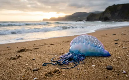 Plage de sable basque au petit matin avec une physalie bleue translucide échouée près du rivage, ambiance côtière prudente et lumineuse