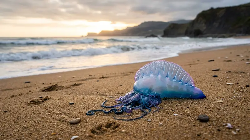 Plage de sable basque au petit matin avec une physalie bleue translucide échouée près du rivage, ambiance côtière prudente et lumineuse