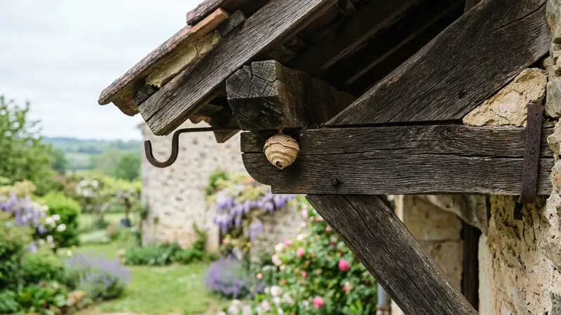 Sous une avancée de toit d'une maison française avec un petit nid primaire beige rayé de la taille d'une clémentine à peine visible, ambiance printemps ensoleillé