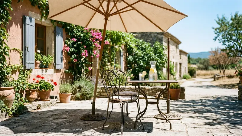 Terrasse française paisible en pleine canicule d'été avec parasol et carafe d'eau fraîche, ambiance ensoleillée sans moustiques visibles, style éditorial magazine