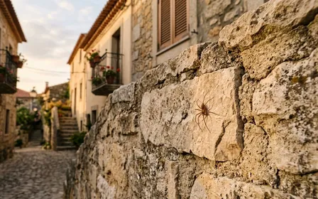 Petite araignée brune de type recluse posée sur un mur de pierre clair d'une vieille maison portugaise, prise en contre-plongée dans une lumière tamisée de fin d'après-midi