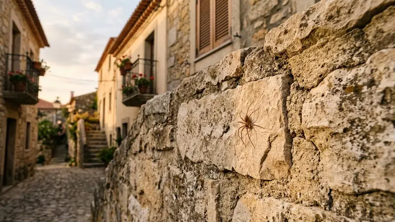 Petite araignée brune de type recluse posée sur un mur de pierre clair d'une vieille maison portugaise, prise en contre-plongée dans une lumière tamisée de fin d'après-midi