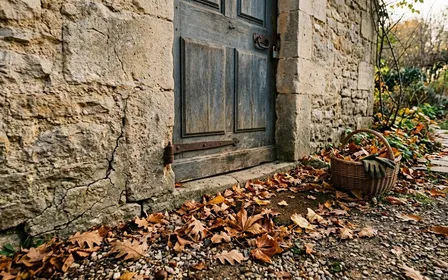 Coin de mur en pierre et bas de porte d'une maison de campagne française avec quelques feuilles au sol, lumière tamisée de fin d'après-midi, ambiance de préparation d'automne au jardin