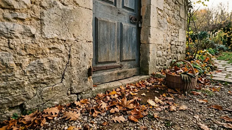 Coin de mur en pierre et bas de porte d'une maison de campagne française avec quelques feuilles au sol, lumière tamisée de fin d'après-midi, ambiance de préparation d'automne au jardin