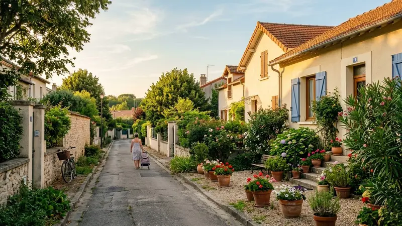 Rue résidentielle française pavillonnaire en fin d'après-midi d'été, jardin visible en arrière-plan avec quelques pots en terre cuite, ambiance quotidienne paisible d'un quartier périurbain