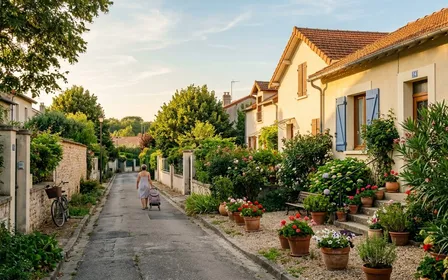 Rue résidentielle française pavillonnaire en fin d'après-midi d'été, jardin visible en arrière-plan avec quelques pots en terre cuite, ambiance quotidienne paisible d'un quartier périurbain