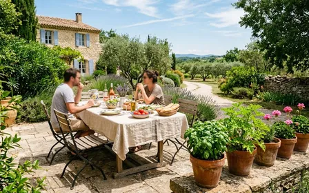 Table de jardin dressée pour un déjeuner d'été à la française, avec quatre pots en terre cuite alignés à proximité contenant du basilic vert, de la citronnelle et un géranium en fleurs, lumière chaude de midi