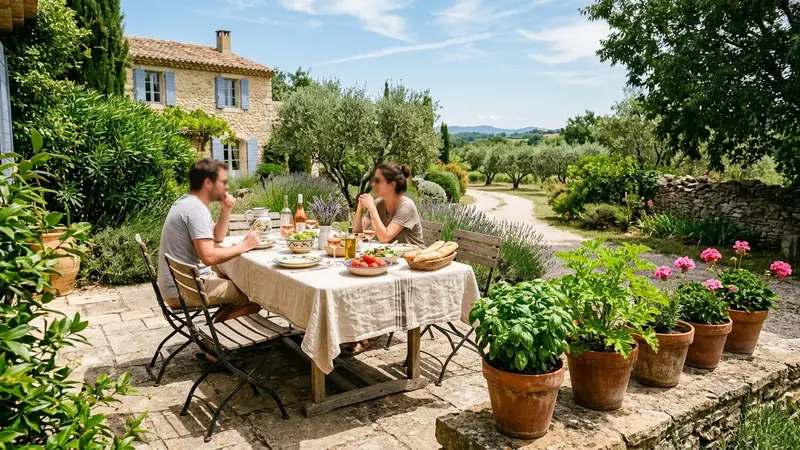Table de jardin dressée pour un déjeuner d'été à la française, avec quatre pots en terre cuite alignés à proximité contenant du basilic vert, de la citronnelle et un géranium en fleurs, lumière chaude de midi