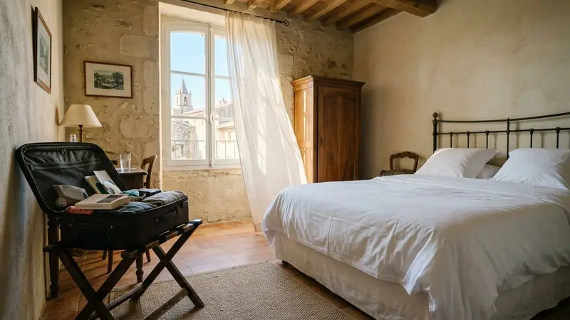 Chambre d'hôtel française avec valise ouverte sur un porte-bagage, lit blanc en second plan, lumière naturelle de matin d'été filtrant à travers un voilage clair, ambiance de premier jour de vacances