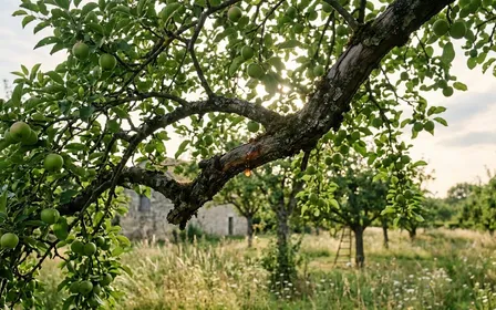 Branches d'un pommier en été avec des fruits verts en cours de maturation, écorce visible et rayons de soleil traversant le feuillage d'un verger familial français, ambiance calme de fin d'après-midi