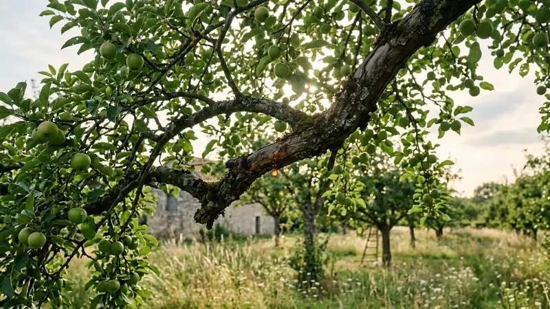 Branches d'un pommier en été avec des fruits verts en cours de maturation, écorce visible et rayons de soleil traversant le feuillage d'un verger familial français, ambiance calme de fin d'après-midi
