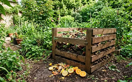 Composteur en bois marron posé dans un jardin français avec quelques agrumes coupés à proximité au sol, feuilles vertes en arrière-plan, lumière naturelle de matinée d'été