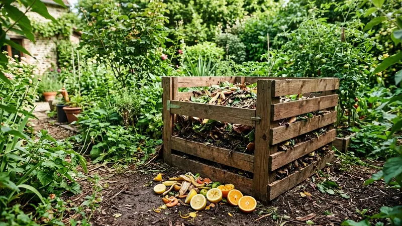 Composteur en bois marron posé dans un jardin français avec quelques agrumes coupés à proximité au sol, feuilles vertes en arrière-plan, lumière naturelle de matinée d'été