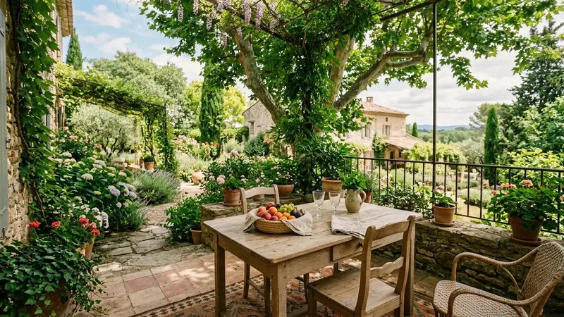 Terrasse ombragée d'un jardin français en été avec une table en bois clair, quelques verres et un panier de fruits, atmosphère paisible d'un après-midi de vacances sans personne visible