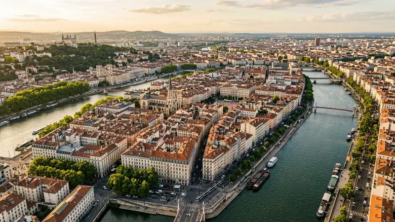 Vue aérienne d'une grande ville française avec toits, parcs urbains et rives fluviales sous une lumière dorée de fin d'après-midi d'été, ambiance de métropole en juillet