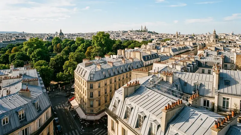Toits parisiens en zinc gris et cheminées typiques avec un ciel de fin d'après-midi dégagé, feuillages verts en arrière-plan d'un parc urbain, ambiance de capitale française en juillet