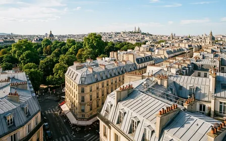 Toits parisiens en zinc gris et cheminées typiques avec un ciel de fin d'après-midi dégagé, feuillages verts en arrière-plan d'un parc urbain, ambiance de capitale française en juillet