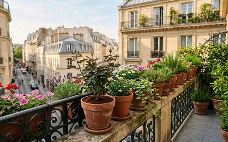 Balcon parisien fleuri avec pots en terre cuite alignés sur le rebord, quelques plantes vertes bien entretenues et un peu de marc de café brun visible au pied d'un pot, lumière chaude de matinée d'été