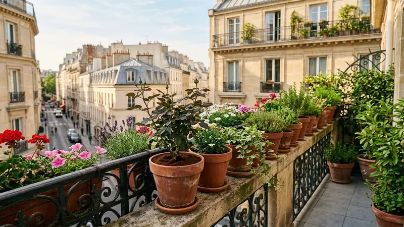 Balcon parisien fleuri avec pots en terre cuite alignés sur le rebord, quelques plantes vertes bien entretenues et un peu de marc de café brun visible au pied d'un pot, lumière chaude de matinée d'été