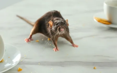 Couloir de maison la nuit avec ombre d'une souris filant le long d'une plinthe et lampe de chevet allumée en arrière-plan