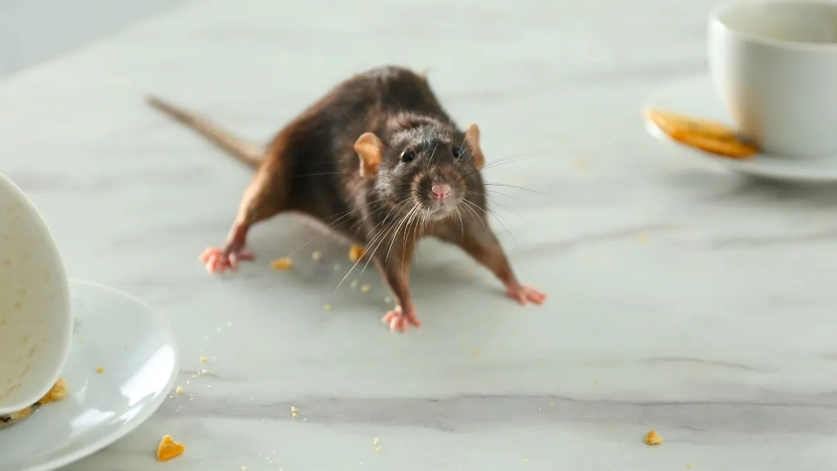 Couloir de maison la nuit avec ombre d'une souris filant le long d'une plinthe et lampe de chevet allumée en arrière-plan