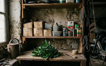 Coin sombre d'un garage français avec étagères en bois, quelques boîtes en carton et un petit tas de feuilles vert foncé posé sur une planche, lumière douce filtrant par une fenêtre latérale