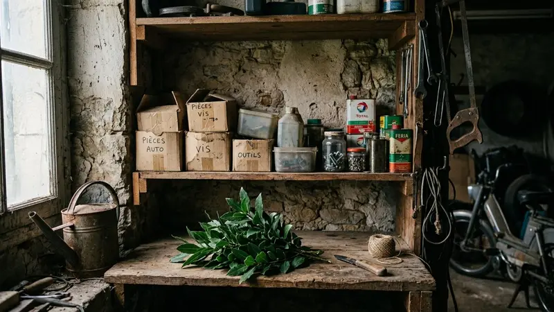 Coin sombre d'un garage français avec étagères en bois, quelques boîtes en carton et un petit tas de feuilles vert foncé posé sur une planche, lumière douce filtrant par une fenêtre latérale