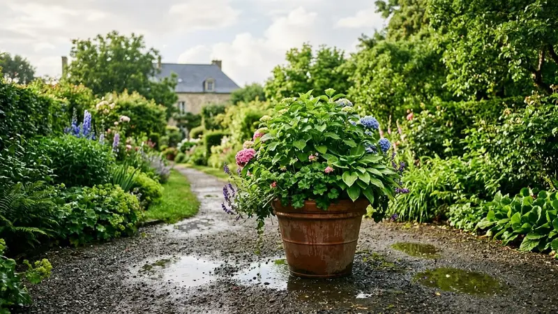Jardin français après un orage d'été, sol mouillé avec quelques flaques d'eau au pied d'une jardinière en terre cuite, feuillages vert brillant sous une lumière tamisée de fin d'après-midi