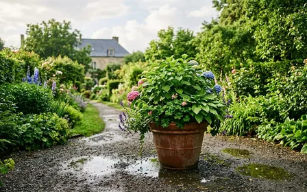 Jardin français après un orage d'été, sol mouillé avec quelques flaques d'eau au pied d'une jardinière en terre cuite, feuillages vert brillant sous une lumière tamisée de fin d'après-midi