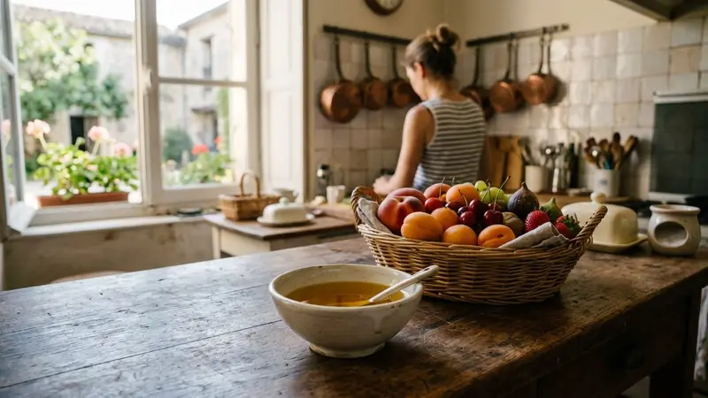 Petit bol en céramique blanche posé sur un plan de travail de cuisine française, contenant un liquide ambré doré à côté d'une corbeille en osier remplie de fruits d'été, lumière naturelle de matinée