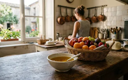 Petit bol en céramique blanche posé sur un plan de travail de cuisine française, contenant un liquide ambré doré à côté d'une corbeille en osier remplie de fruits d'été, lumière naturelle de matinée