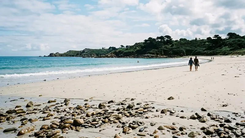Rivage français en fin de matinée d'été avec sable clair, une petite vague en arrière-plan et quelques galets luisants au premier plan, ambiance de plage calme sans foule