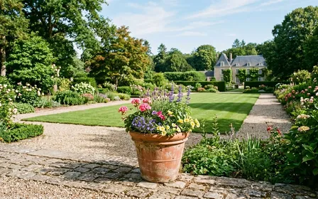 Jardin français en été avec un pot de fleurs en terre cuite, quelques fleurs colorées et une pelouse verte en arrière-plan, ambiance calme sans animal ni humain visible, lumière chaude de fin de matinée