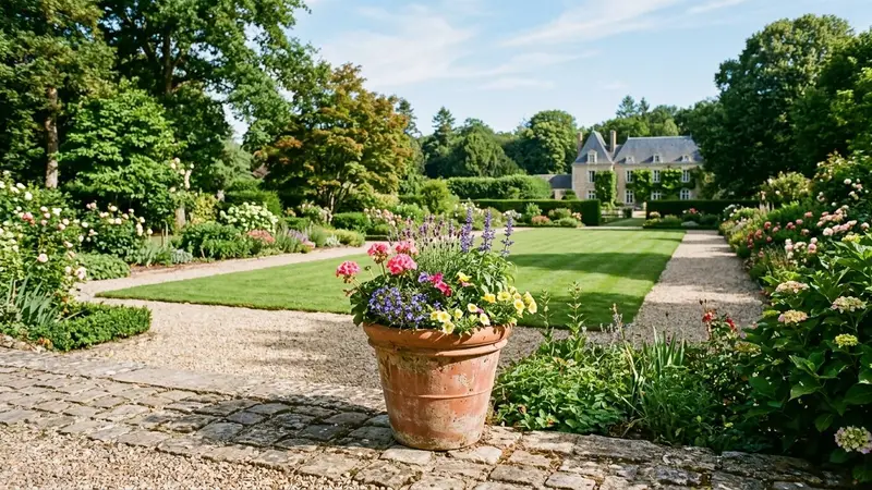 Jardin français en été avec un pot de fleurs en terre cuite, quelques fleurs colorées et une pelouse verte en arrière-plan, ambiance calme sans animal ni humain visible, lumière chaude de fin de matinée