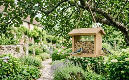 Mangeoire à oiseaux en bois clair suspendue à une branche d'arbre fruitier français, avec quelques graines visibles à travers la vitre transparente et un jardin verdoyant en arrière-plan, lumière douce de matinée