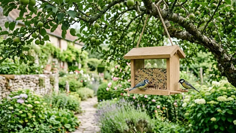 Mangeoire à oiseaux en bois clair suspendue à une branche d'arbre fruitier français, avec quelques graines visibles à travers la vitre transparente et un jardin verdoyant en arrière-plan, lumière douce de matinée