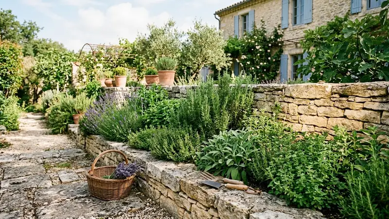 Coin de jardin français en été avec un massif de plantes aromatiques vertes et un muret de pierre calcaire chauffé par le soleil, ambiance méditerranéenne sans animal visible, lumière tamisée de fin de matinée