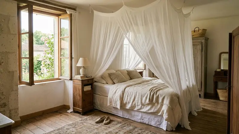 Chambre française sereine avec un lit double couvert d'un voile blanc léger suspendu au plafond en ciel de lit, fenêtre entrouverte laissant entrer la lumière douce de fin d'après-midi d'été