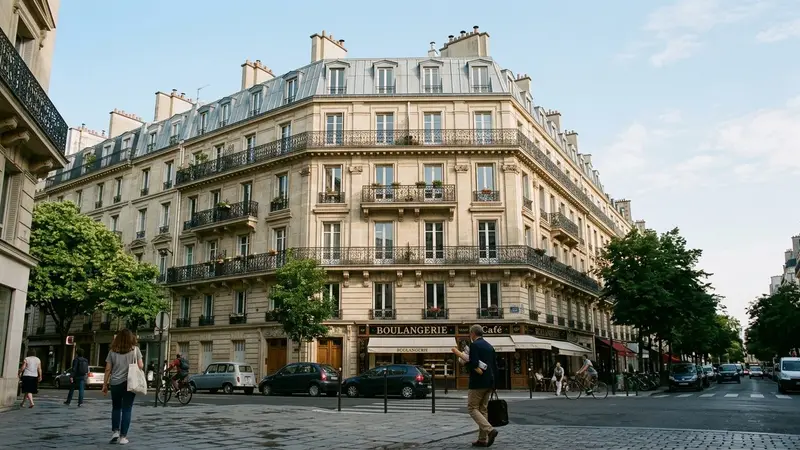 Immeuble haussmannien parisien en pierre de taille avec fenêtres à petits carreaux et balcons en fer forgé, vue en contre-plongée depuis le trottoir sous une lumière douce de matinée d'été