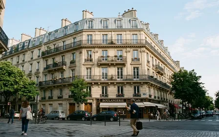 Immeuble haussmannien parisien en pierre de taille avec fenêtres à petits carreaux et balcons en fer forgé, vue en contre-plongée depuis le trottoir sous une lumière douce de matinée d'été