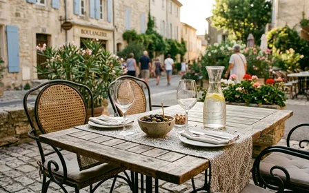 Table de terrasse française dressée pour l'apéritif d'été avec verres à pied vides, quelques olives dans un bol et une carafe d'eau, ambiance de fin d'après-midi ensoleillée sans convives visibles