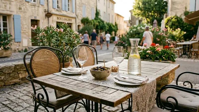 Table de terrasse française dressée pour l'apéritif d'été avec verres à pied vides, quelques olives dans un bol et une carafe d'eau, ambiance de fin d'après-midi ensoleillée sans convives visibles