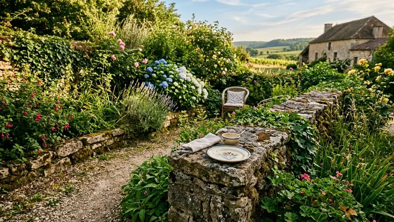 Coin de jardin français en été avec une petite assiette en céramique posée à distance sur un muret de pierre, avec de la verdure en arrière-plan et une lumière chaude de fin d'après-midi, ambiance calme