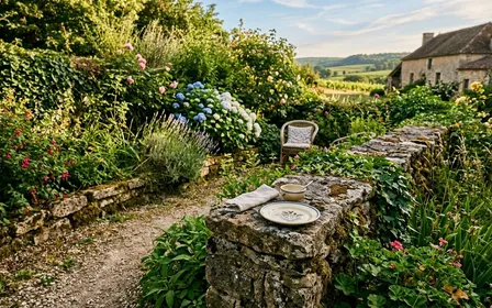 Coin de jardin français en été avec une petite assiette en céramique posée à distance sur un muret de pierre, avec de la verdure en arrière-plan et une lumière chaude de fin d'après-midi, ambiance calme