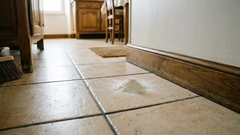 Petit tas de poudre blanche fine posé sur un carrelage clair de cuisine française à côté d'une plinthe en bois, ambiance domestique sobre avec lumière naturelle de matinée