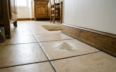 Petit tas de poudre blanche fine posé sur un carrelage clair de cuisine française à côté d'une plinthe en bois, ambiance domestique sobre avec lumière naturelle de matinée
